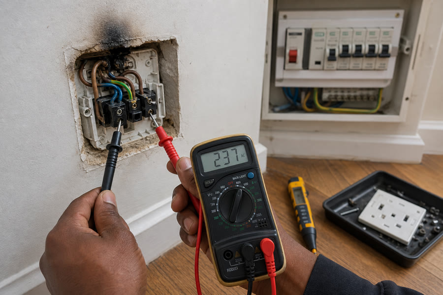 Multimeter probes on a burnt 16A socket during fault finding, with a tripped earth leakage on the board behind.